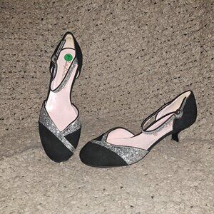 PRETTY BALLERINAS-Black Suede/Glitter D'Orsay/Ankle Strap Shoes-Sz 39-NWOB